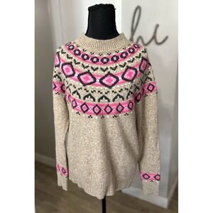LOFT Wool Blend Fair Isle Crew Neck Sweater Beige Tan Pink Soft Cozy Size XS